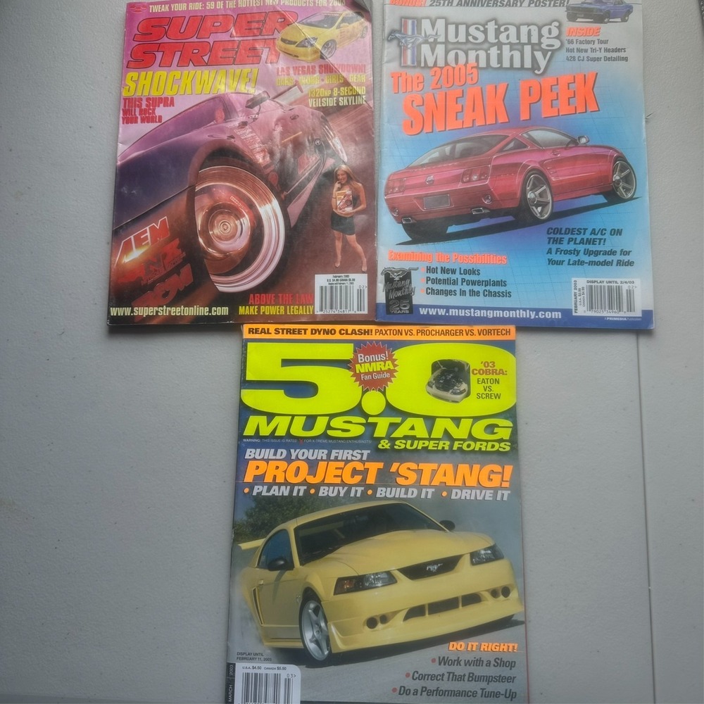 Lot of 3 Car Magazines – Super Street Feb 2003, Mustang Monthly, 5.0 Fords